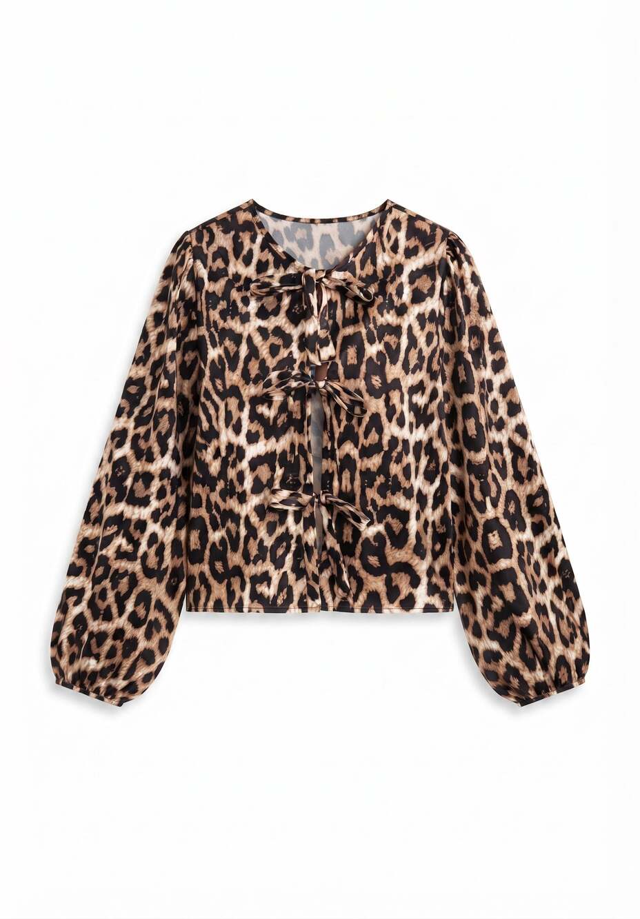 GORGLITTER Women's Leopard Print Tie Knot Front Cutout Blouse – Crewneck, Size L
